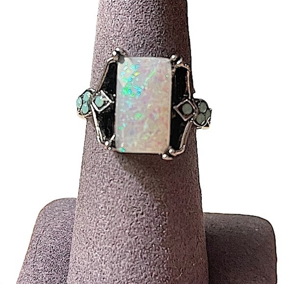 Faux Dichroic Glass Opal & Rhinestone Silver Toned Statement Cocktail Ring 8 - Picture 3 of 8